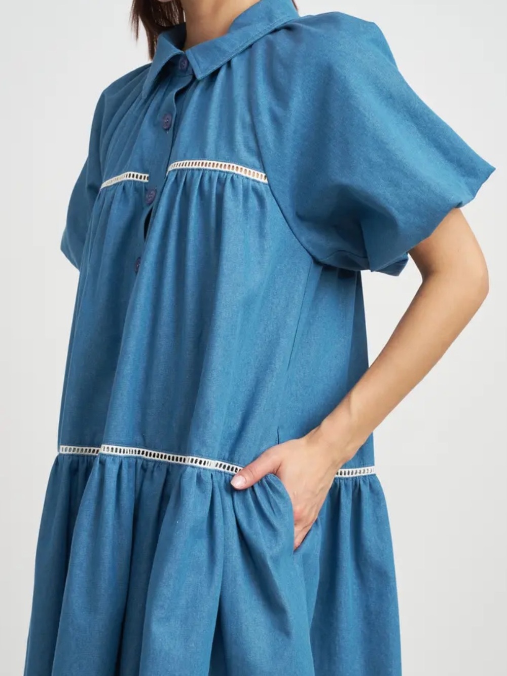 En Saison Blue Denim Babydoll Mini Dress Coastal Cowgirl Cottagecore Boho